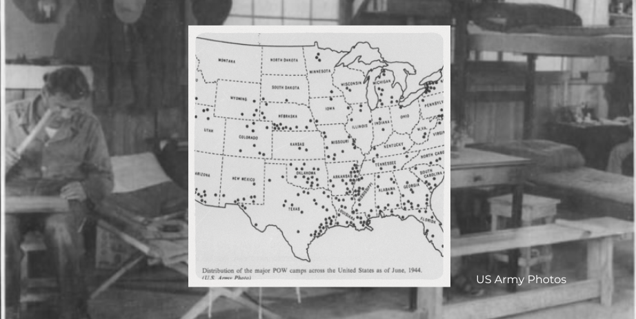 Map of POW camps across US over an image of inmates